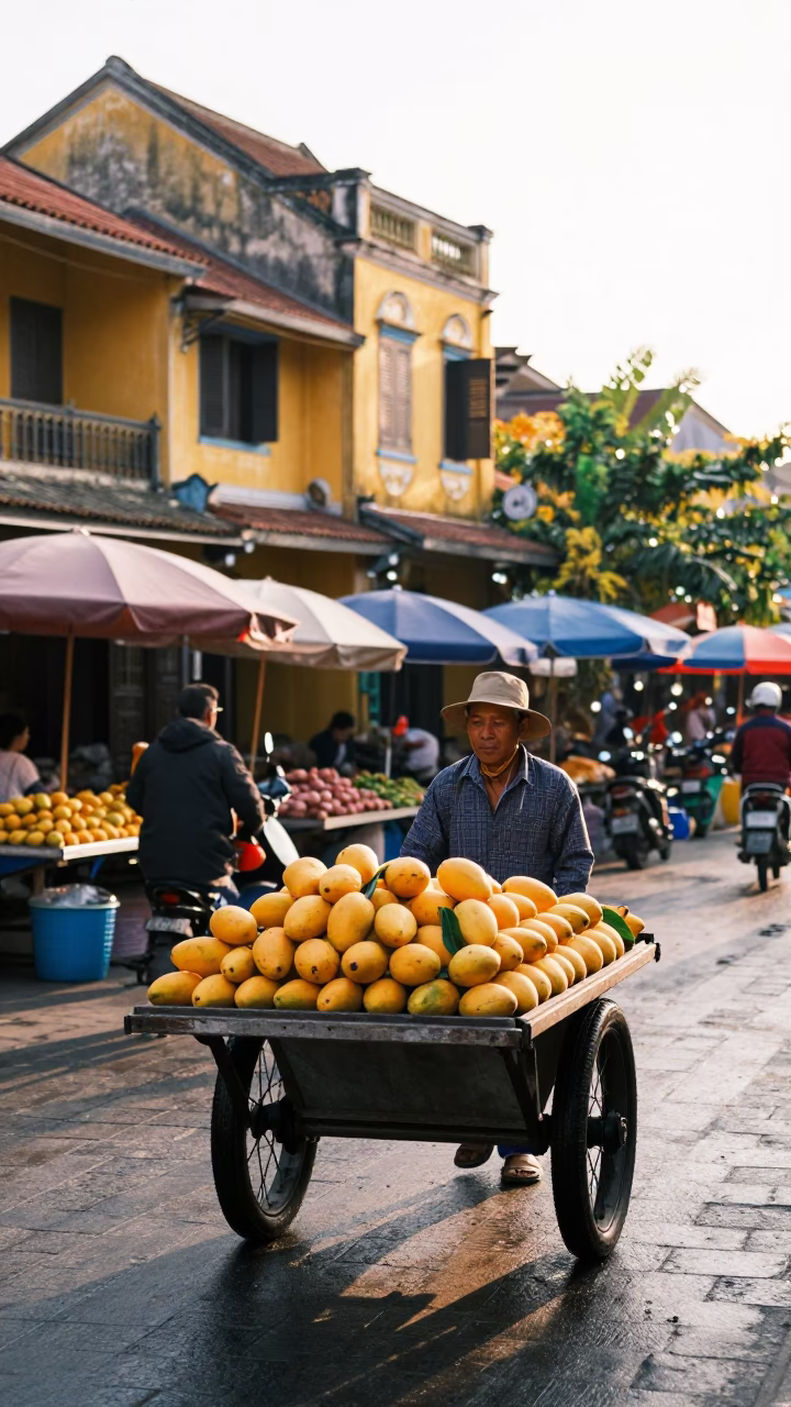 Early Morning Market Scene in Hoi An Vietnam with Mangoes and Local Street Life in in Hoi An, Vietnam