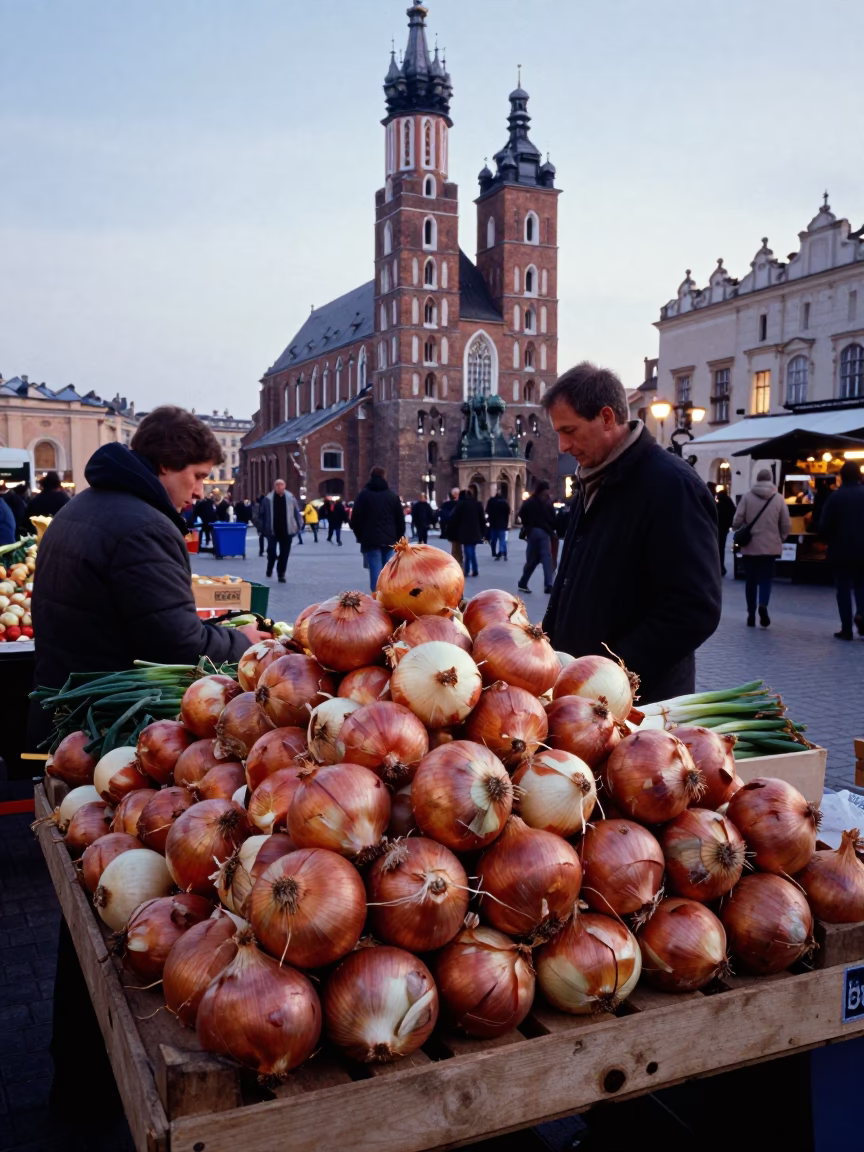 Early Morning Market Scene in Krakow Poland with Fresh Onions and Local Commerce in in Krakow, Poland