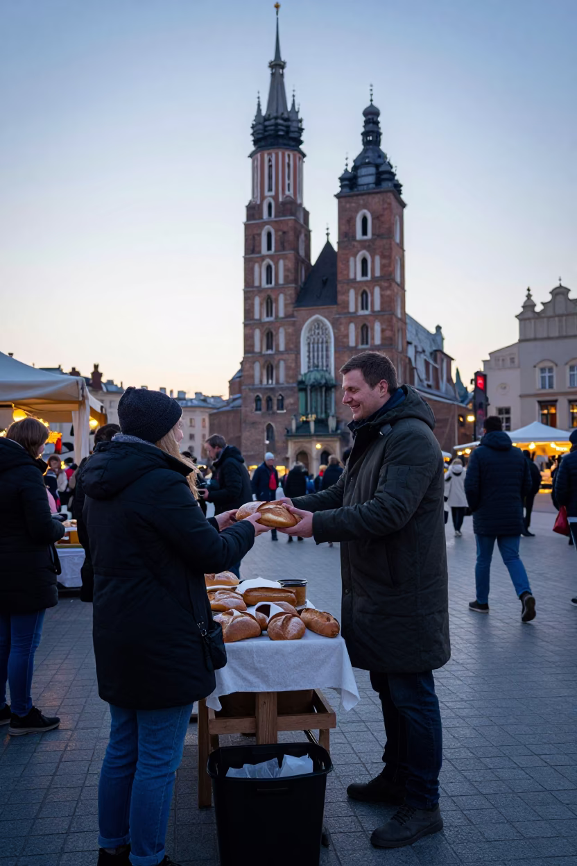 Early Morning Market Scene in Krakow Poland with Vendor and Customer Interaction in in Krakow, Poland