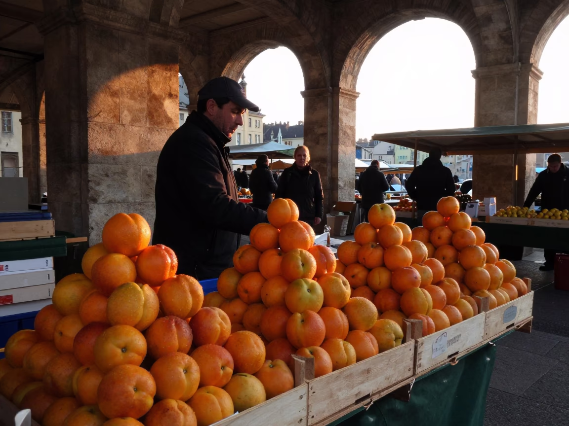 Early Morning Market Scene in Lyon France with Nectarines and Morning Light in in Lyon, France