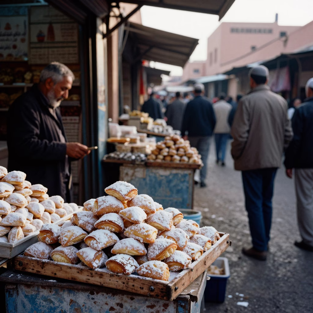 Early Morning Market Scene in Marrakech Morocco with Powdered Sugar Pastries in in Marrakech, Morocco