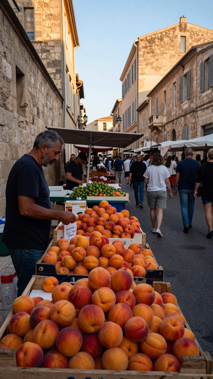 Early Morning Market Scene in Marseille with Fresh Apricots and Honey Drizzled Loukoumades in in Marseille, France