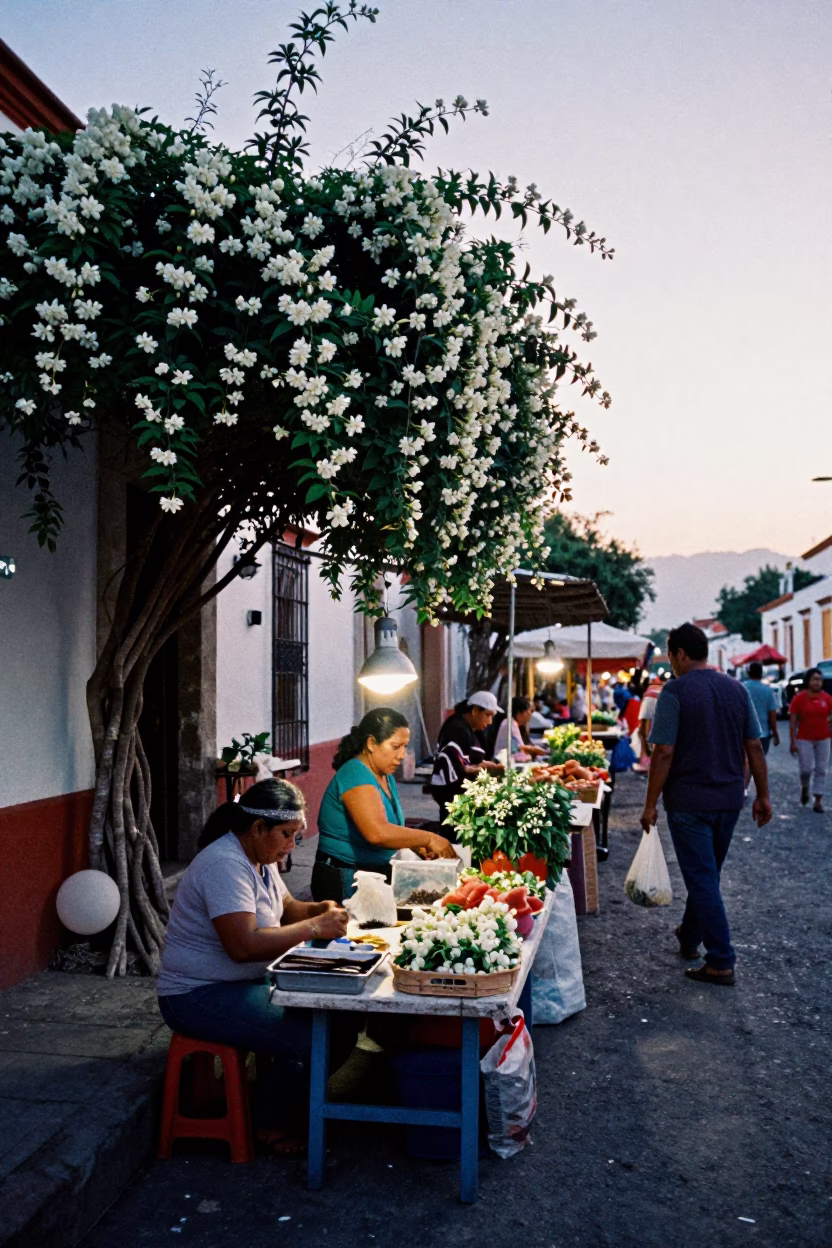 Early Morning Market Scene in Merida Mexico with Jasmine and Vanilla Orchids in in Merida, Mexico