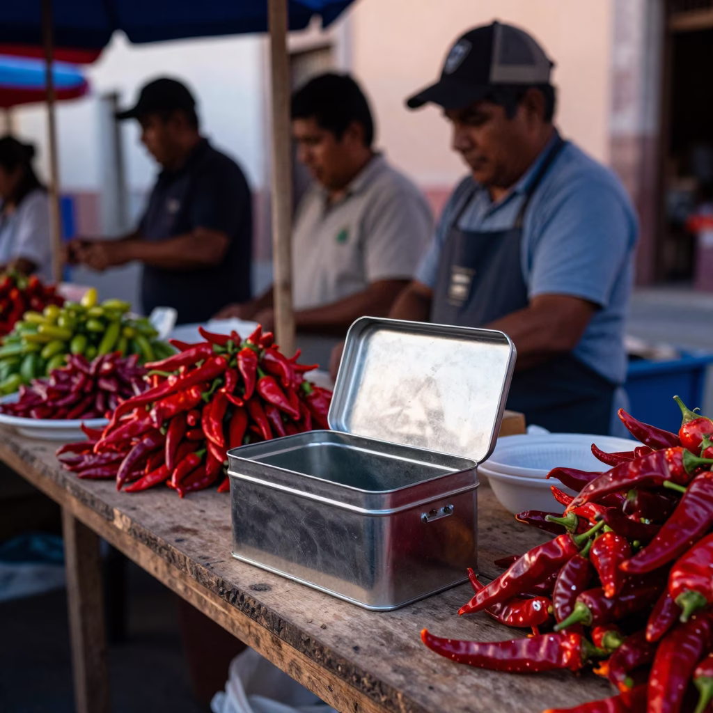 Early Morning Market Scene in Oaxaca Mexico with Tiffin Tin and Condensation in in Oaxaca, Mexico