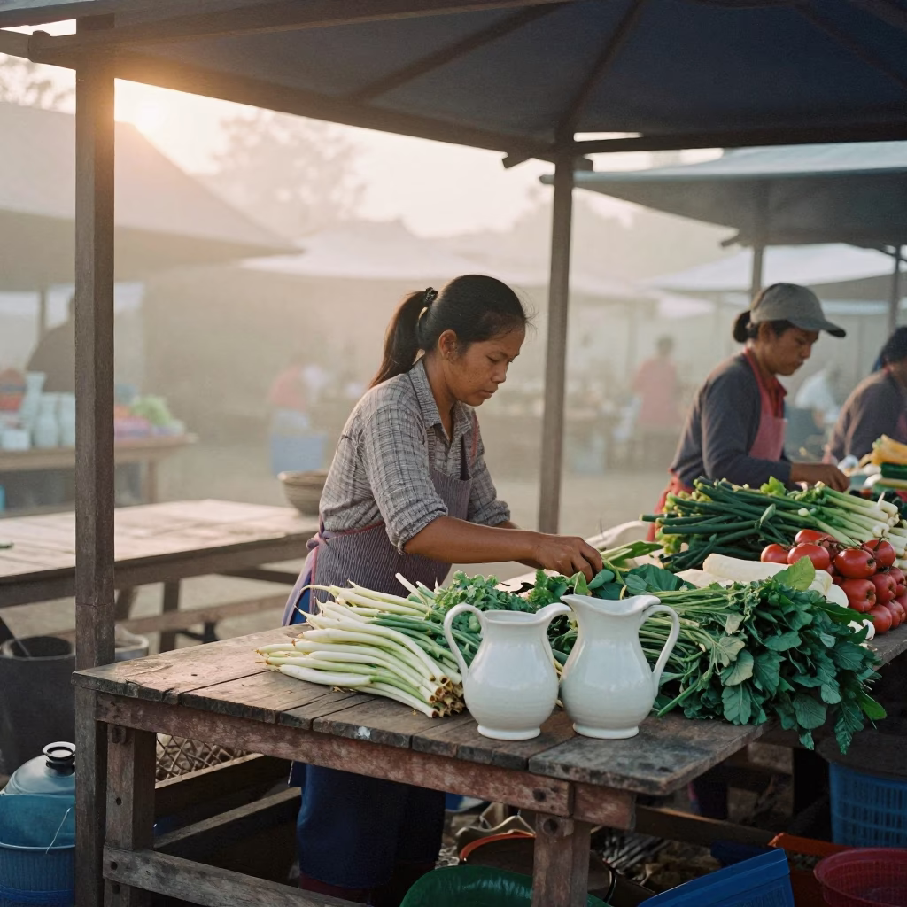 Early Morning Market Stall in Chiang Mai Thailand with Ceramic Pitcher and Twine in in Chiang Mai, Thailand