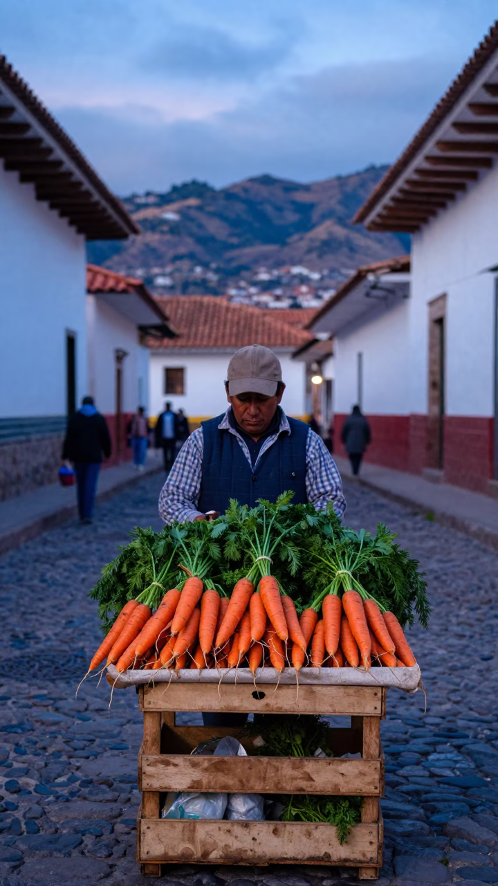 Early Morning Market Stall in Cusco Peru Selling Fresh Carrots at Nautical Dawn in in Cusco, Peru
