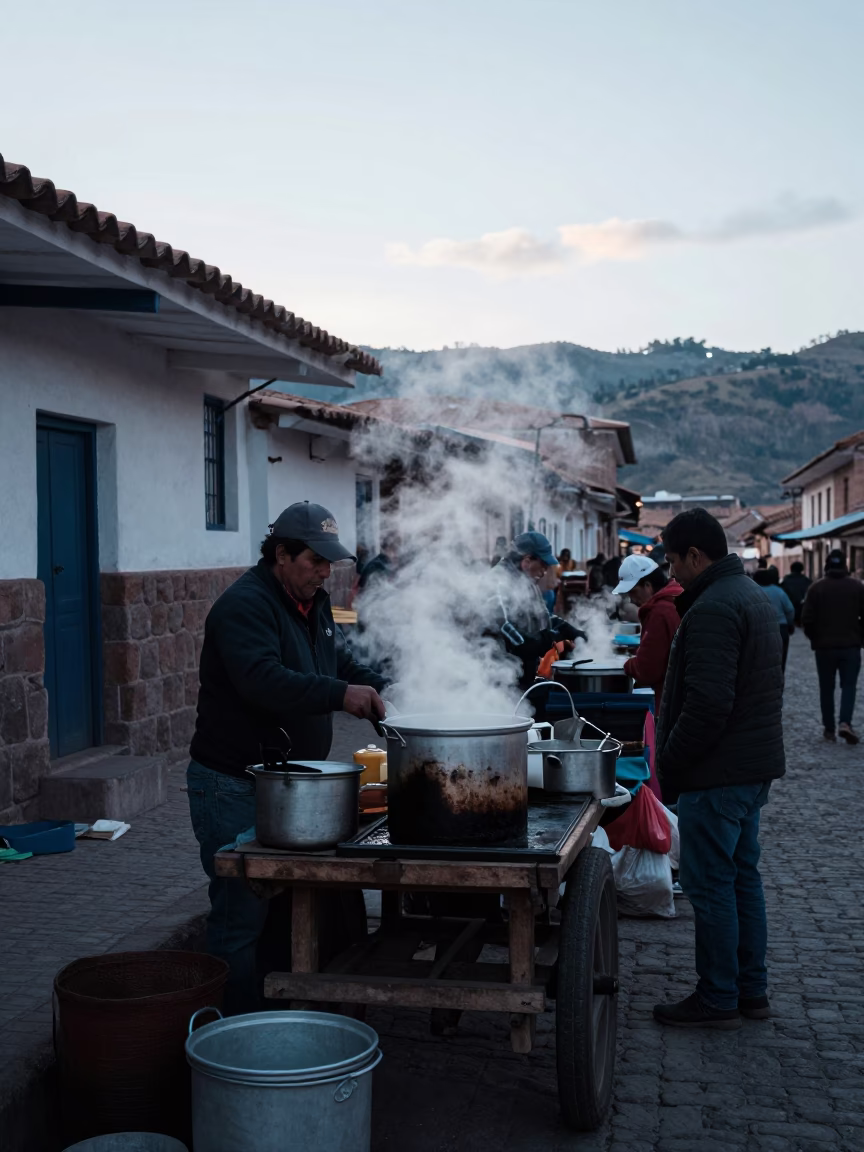 Early Morning Market Stall in Cusco Peru with Steam and Local Commerce in in Cusco, Peru