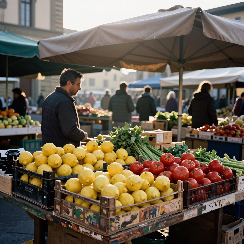Early Morning Market Stall in Florence Italy with Fresh Produce and Local Vendor in in Florence, Italy