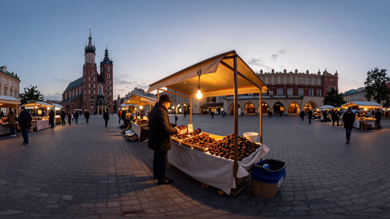Early Morning Market Stall in Krakow Poland with Chestnut Husks and Wooden Crates in in Krakow, Poland