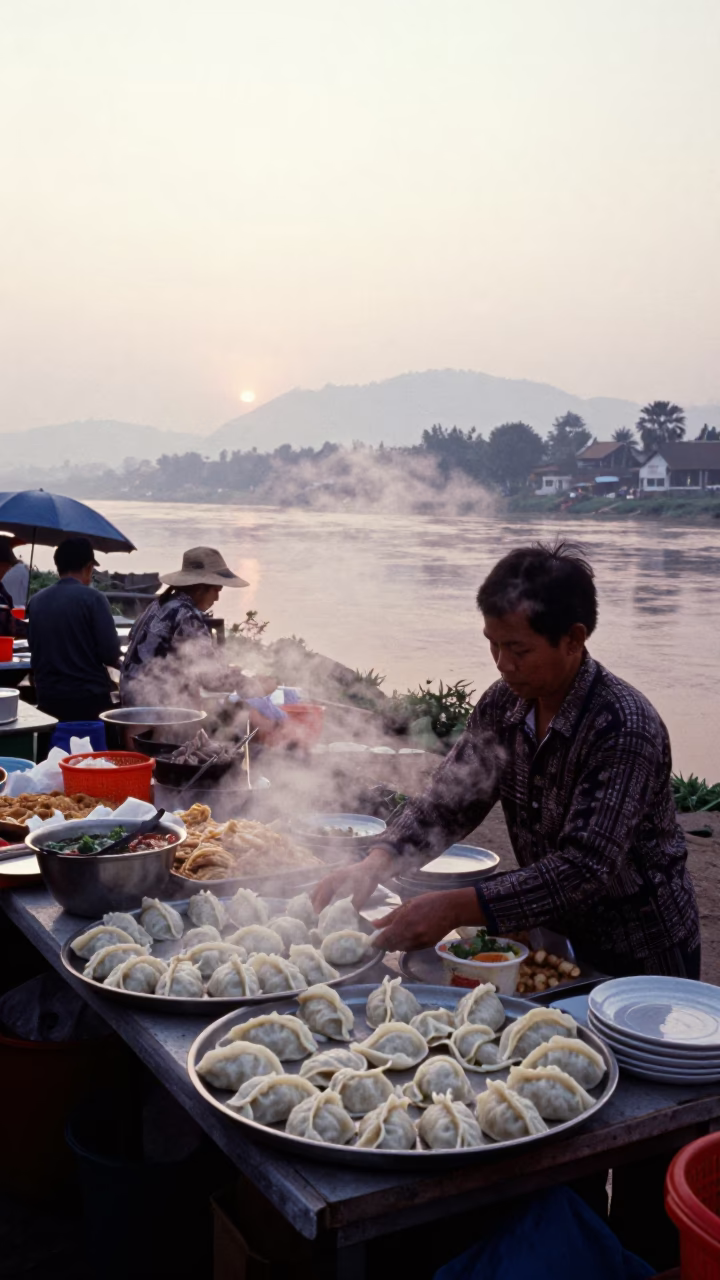 Early Morning Market Stall in Luang Prabang Laos with Steaming Banh Cuon Rolls in in Luang Prabang, Laos