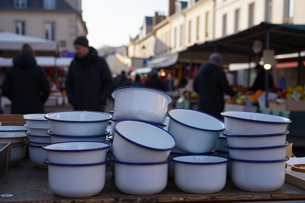 Early Morning Market Stall in Lyon France with Enamel Bowls and Local Produce in in Lyon, France