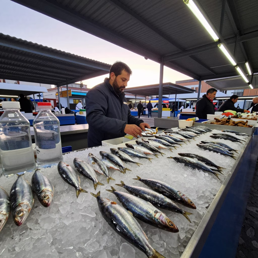 Early Morning Market Stall in Madrid Spain with Sardines and Water Rings in in Madrid, Spain