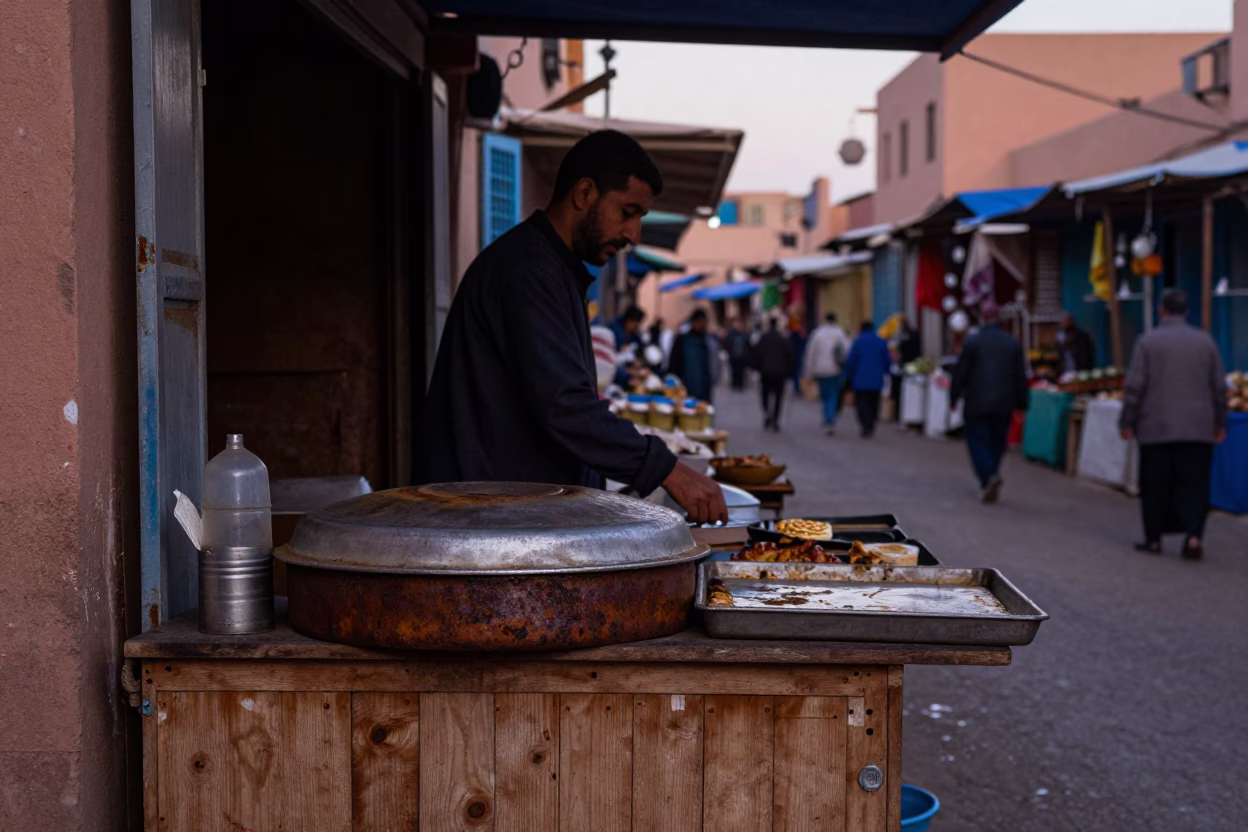 Early Morning Market Stall in Marrakech Morocco with Rust and Baking Trays in in Marrakech, Morocco
