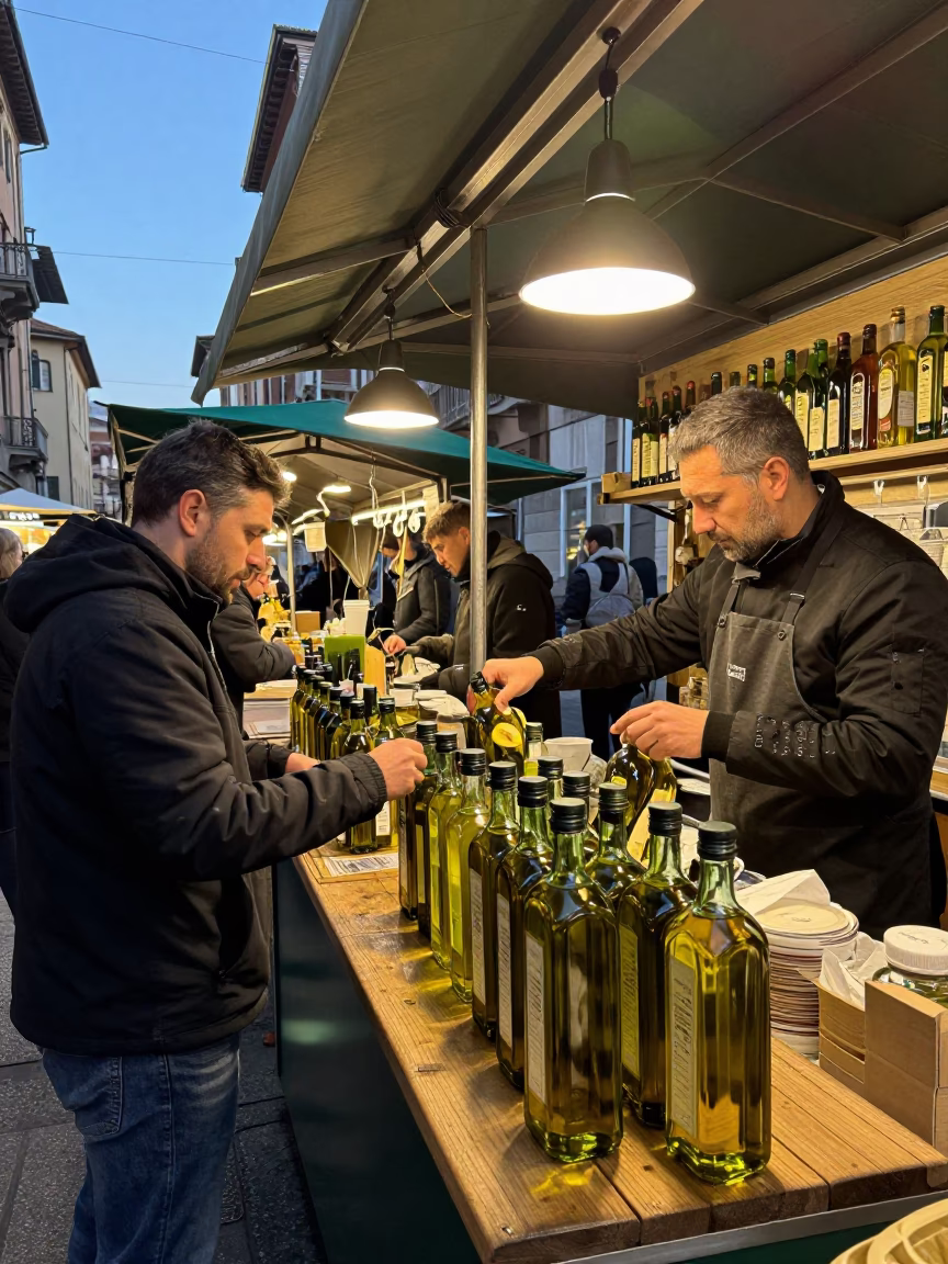 Early Morning Market Stall in Milan Italy with Glass Bottles and Flowers Before Dawn in in Milan, Italy