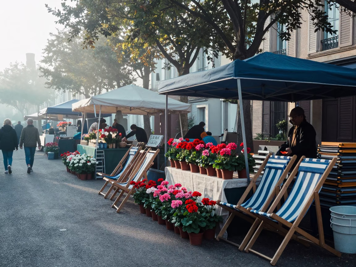 Early Morning Market Stall in Nice France with Deck Chairs and Geraniums in in Nice, France