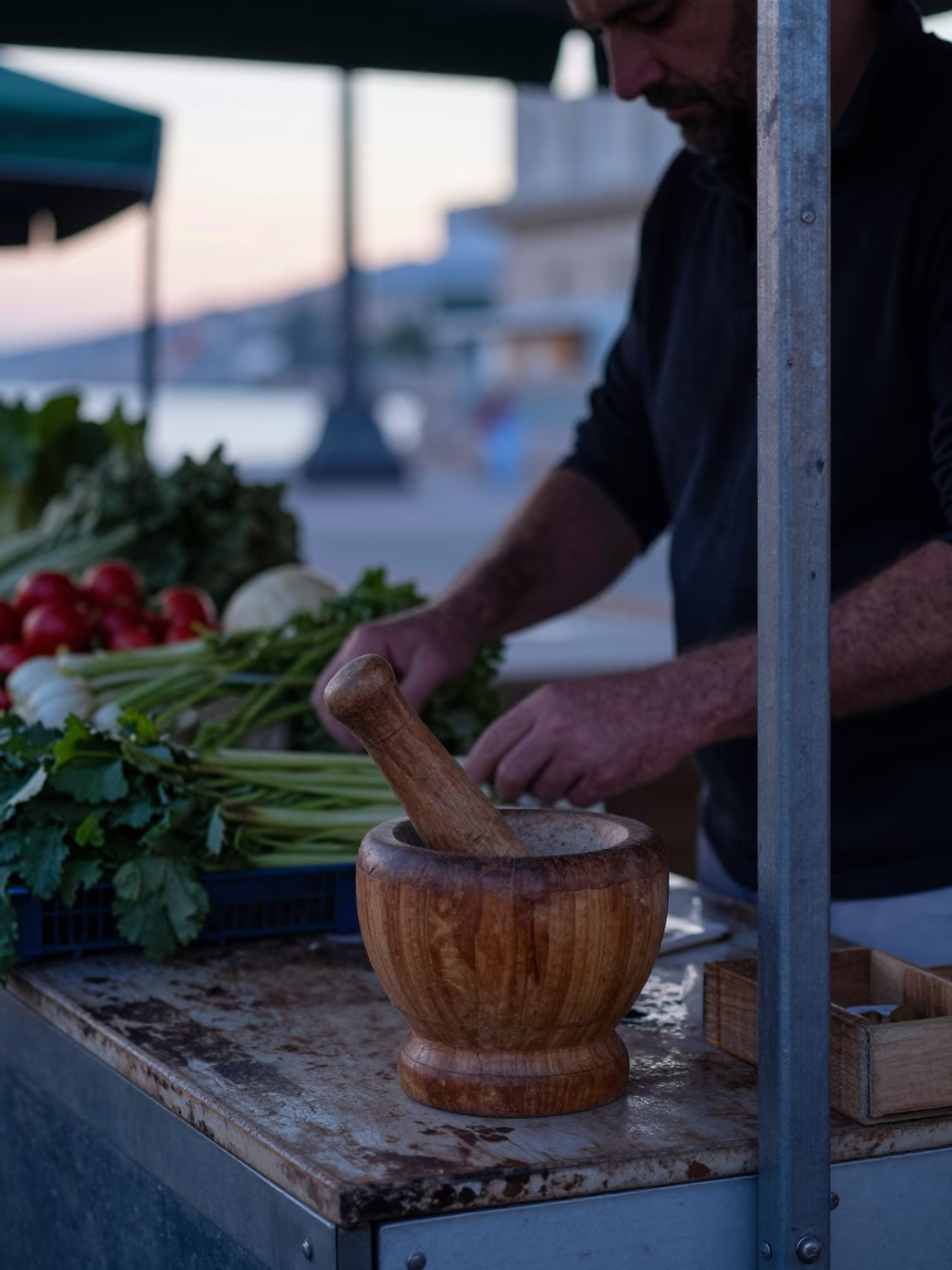 Early Morning Market Stall in Nice France with Mortar and Pestle and Steam in in Nice, France