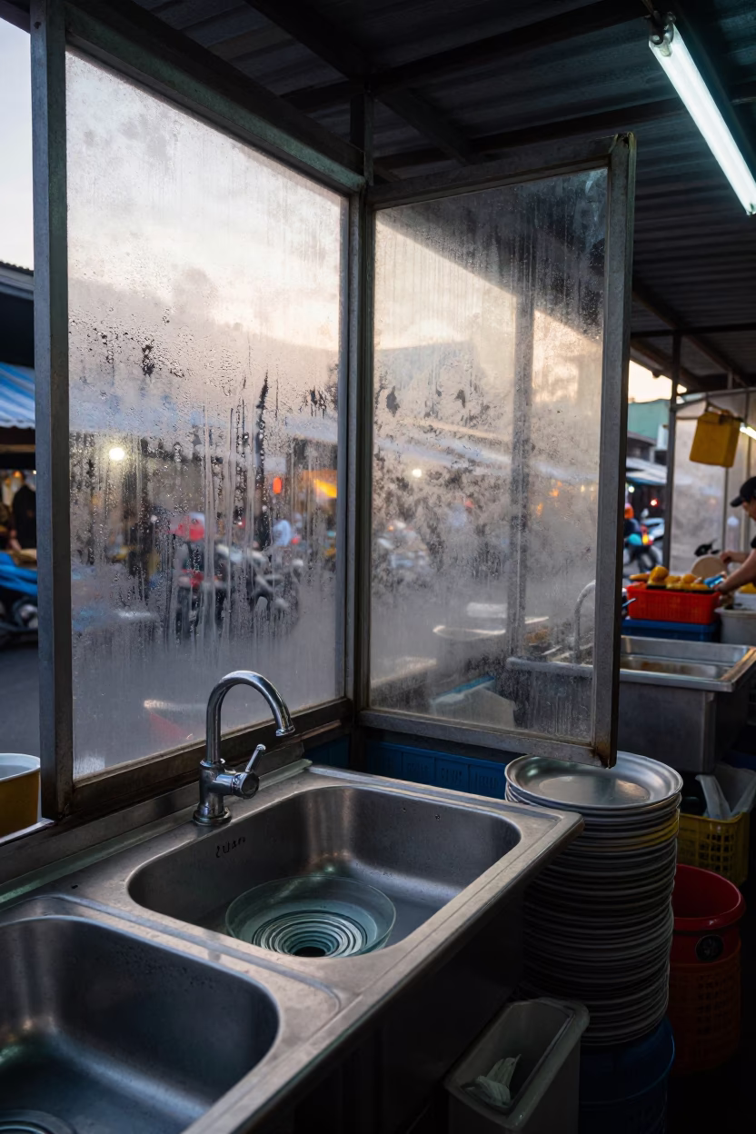 Early Morning Market Stall in Phuket Thailand with Condensation on Glass and Drain in in Phuket, Thailand