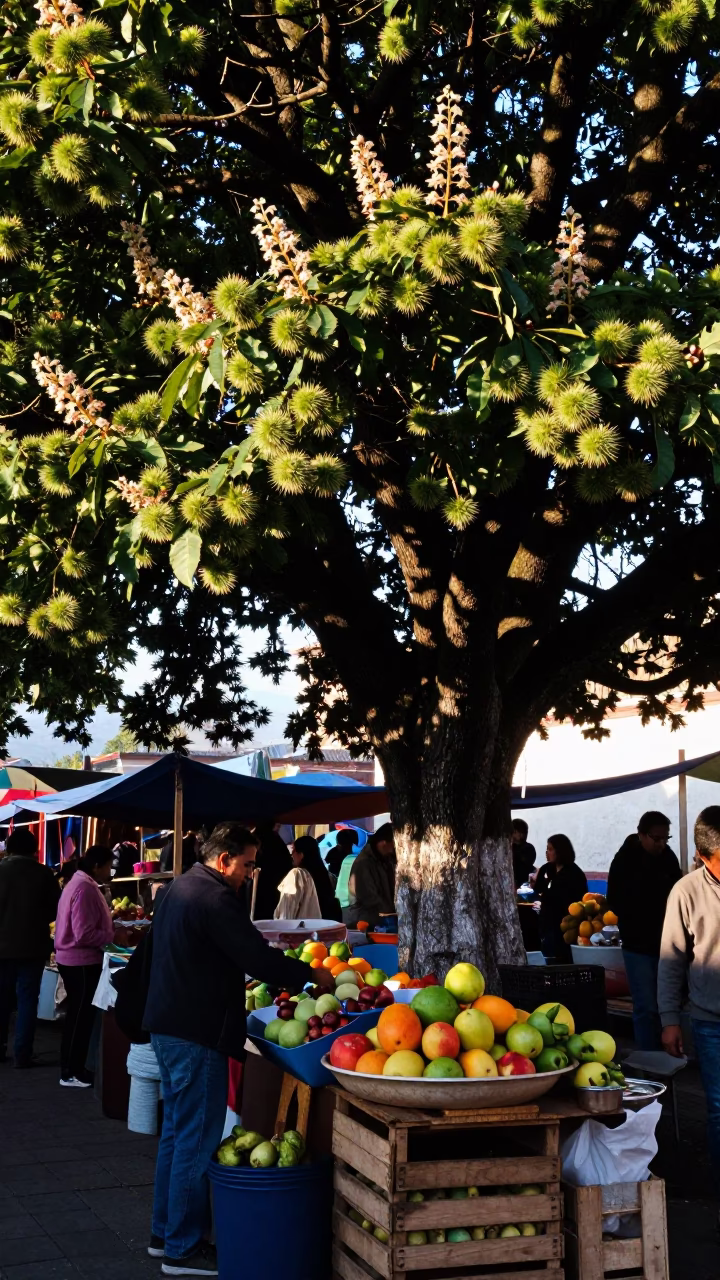Early Morning Market Stall in Quito Ecuador With Chestnut Tree Husks and Fruit Bowl in in Quito, Ecuador