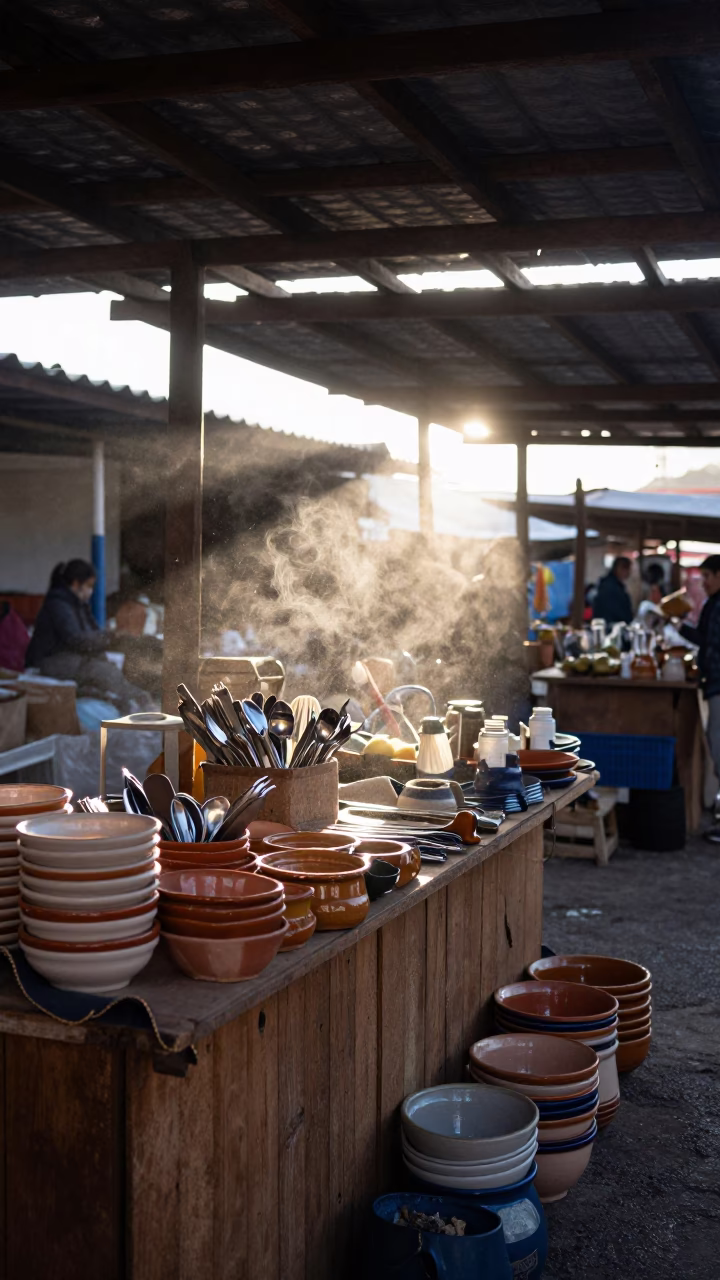 Early Morning Market Stall in Quito Ecuador with Condensation and Utensil Crocks in in Quito, Ecuador