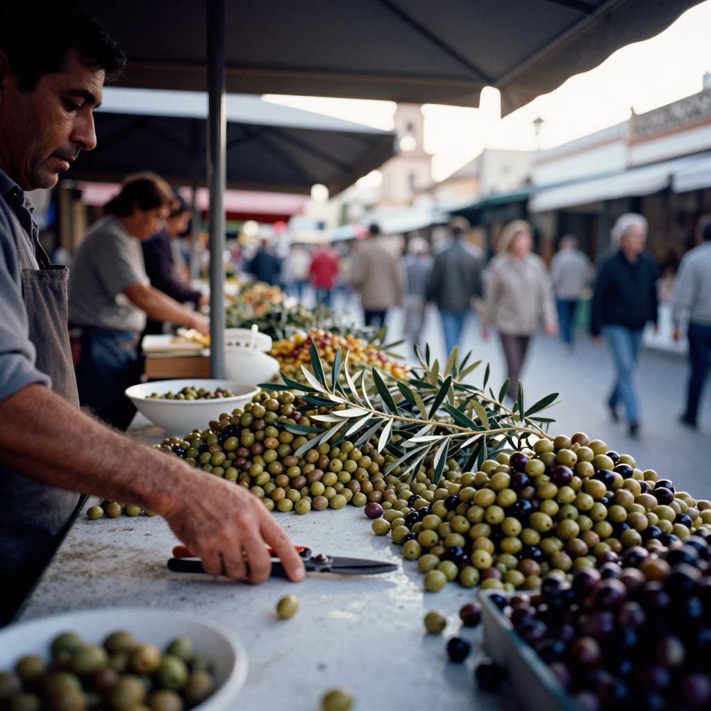 Early Morning Market Stall in Seville Spain with Olives and Pruning Shears in in Seville, Spain