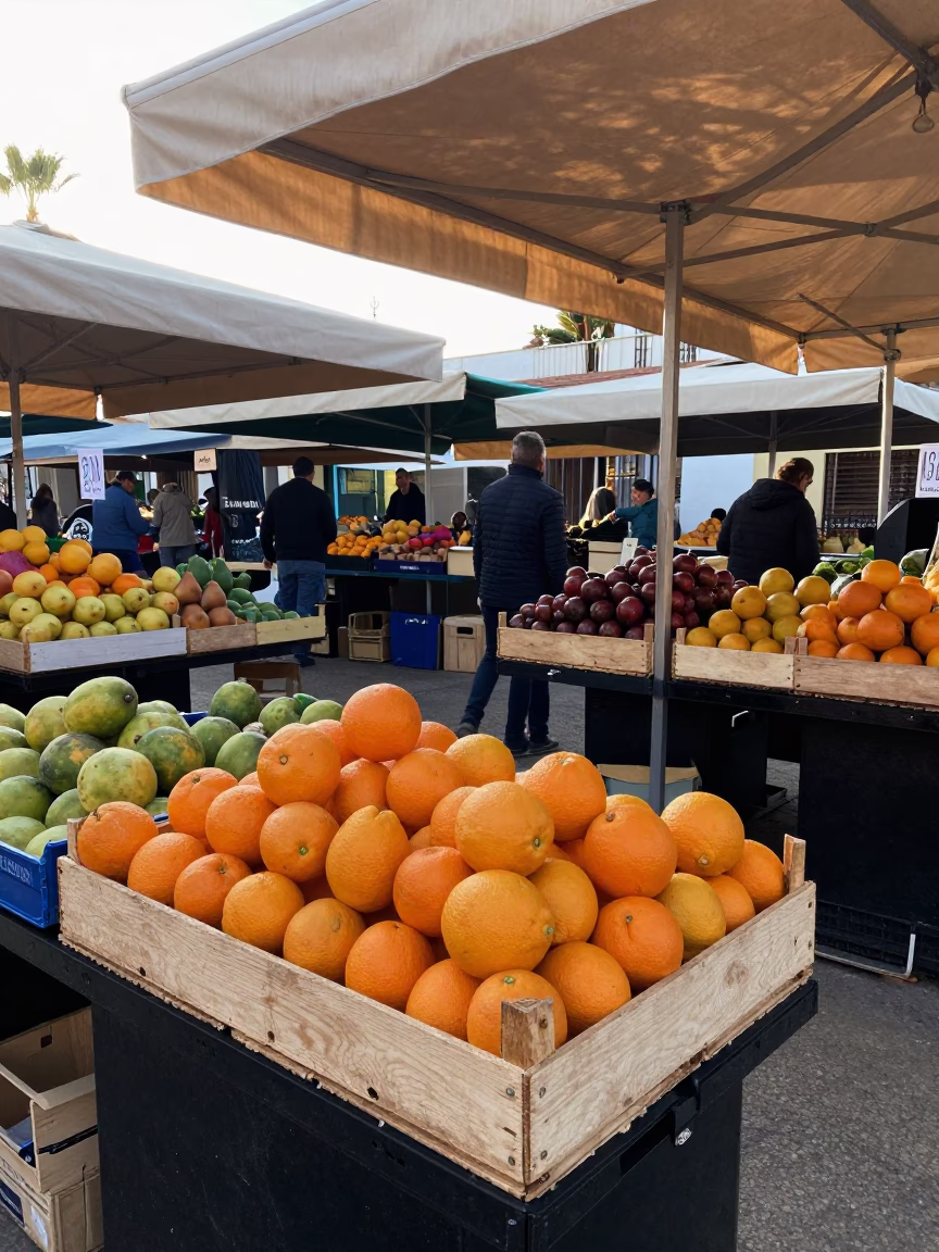 Early Morning Market Stall in Valencia Spain with Fresh Fruit Crate and Espresso Cup in in Valencia, Spain