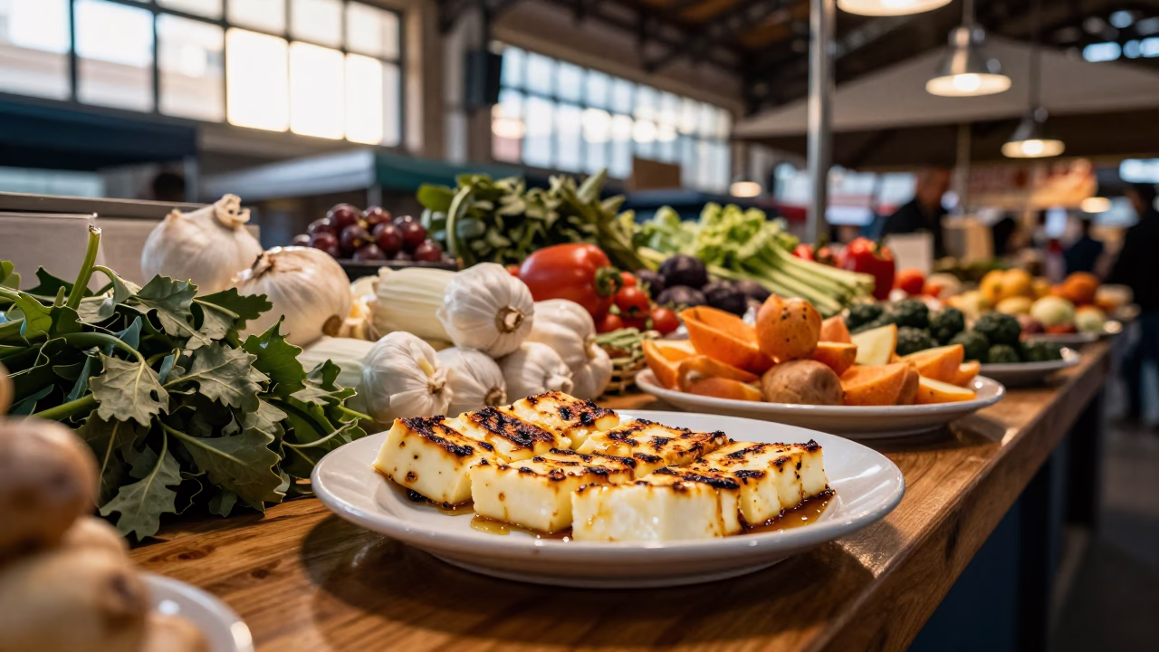 Early Morning Market Stall in Valencia Spain with Grilled Halloumi and Mint in in Valencia, Spain