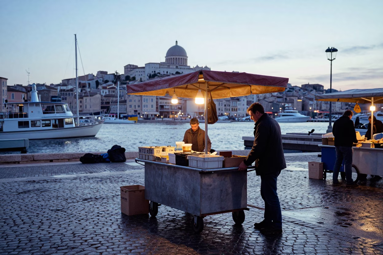 Early Morning Market Stall Setup in Marseille Before Sunrise Light in in Marseille, France
