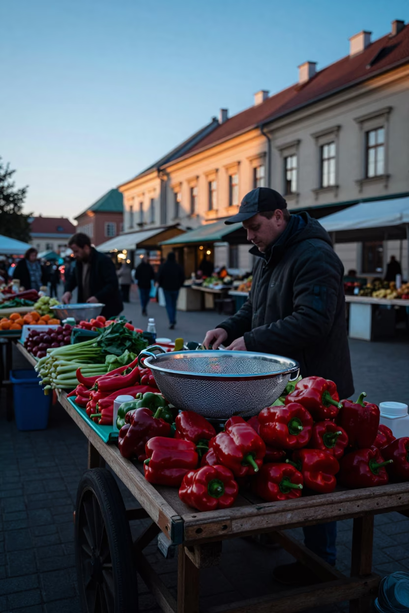 Early Morning Market Stall with Mesh Colander and Pottery Shard in Krakow Poland in in Krakow, Poland