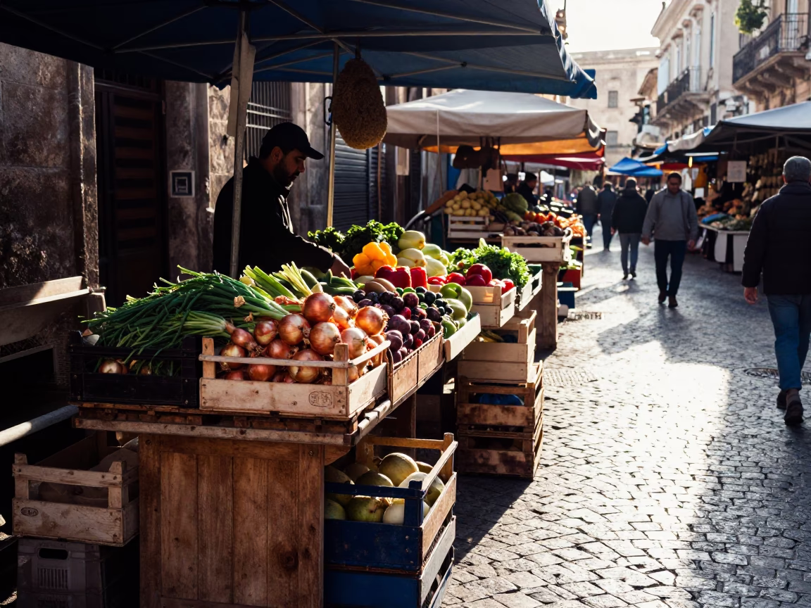 Early Morning Market Stall with Onions and Traditional Palermo Street Life in in Palermo, Italy