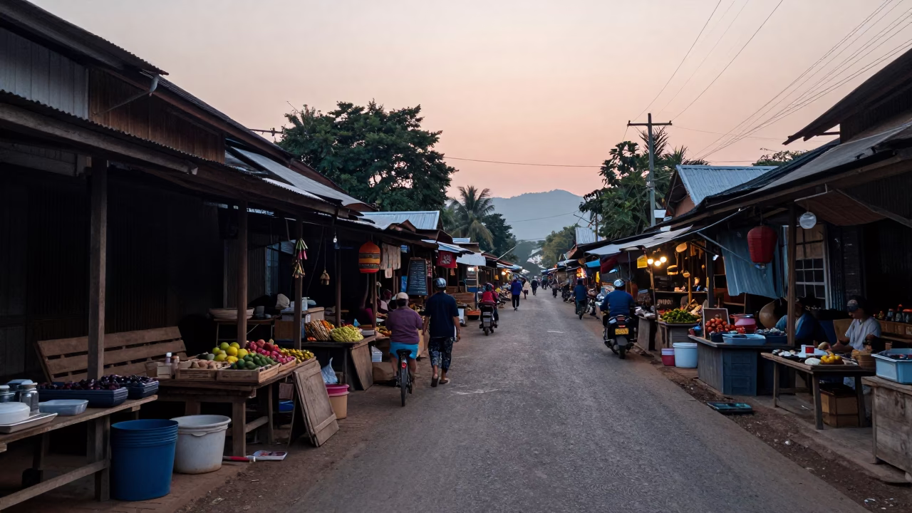 Early Morning Market Street Scene in Luang Prabang Laos with Wooden Stalls in in Luang Prabang, Laos