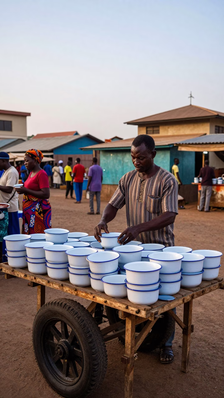 Early Morning Market Vendor in Accra Ghana Preparing Enamel Bowls Before Dawn in in Accra, Ghana
