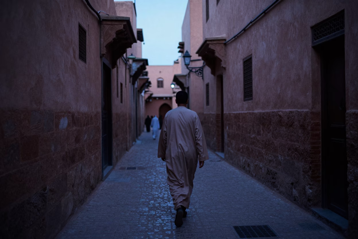 Early Morning Marrakech Medina Alleyway Street Scene Before Dawn in in Marrakech, Morocco