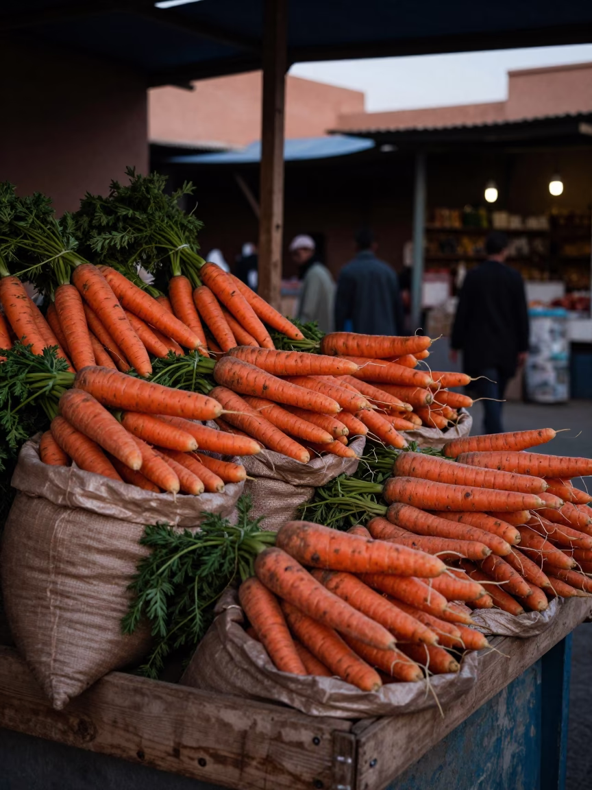 Early Morning Marrakech Souk Market Stall Displaying Fresh Carrots and Ceramic Trays Before Dawn in in Marrakech, Morocco