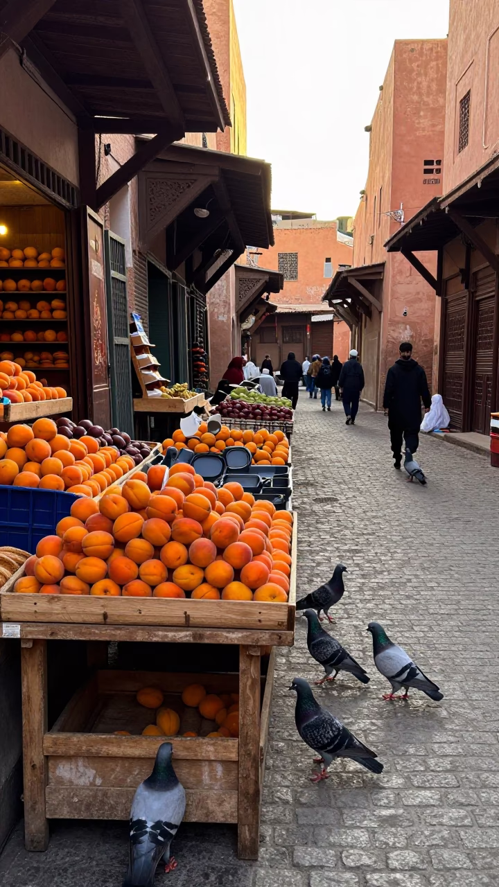 Early Morning Marrakech Souk Scene with Apricots and Pigeons in Historic Morocco in in Marrakech, Morocco