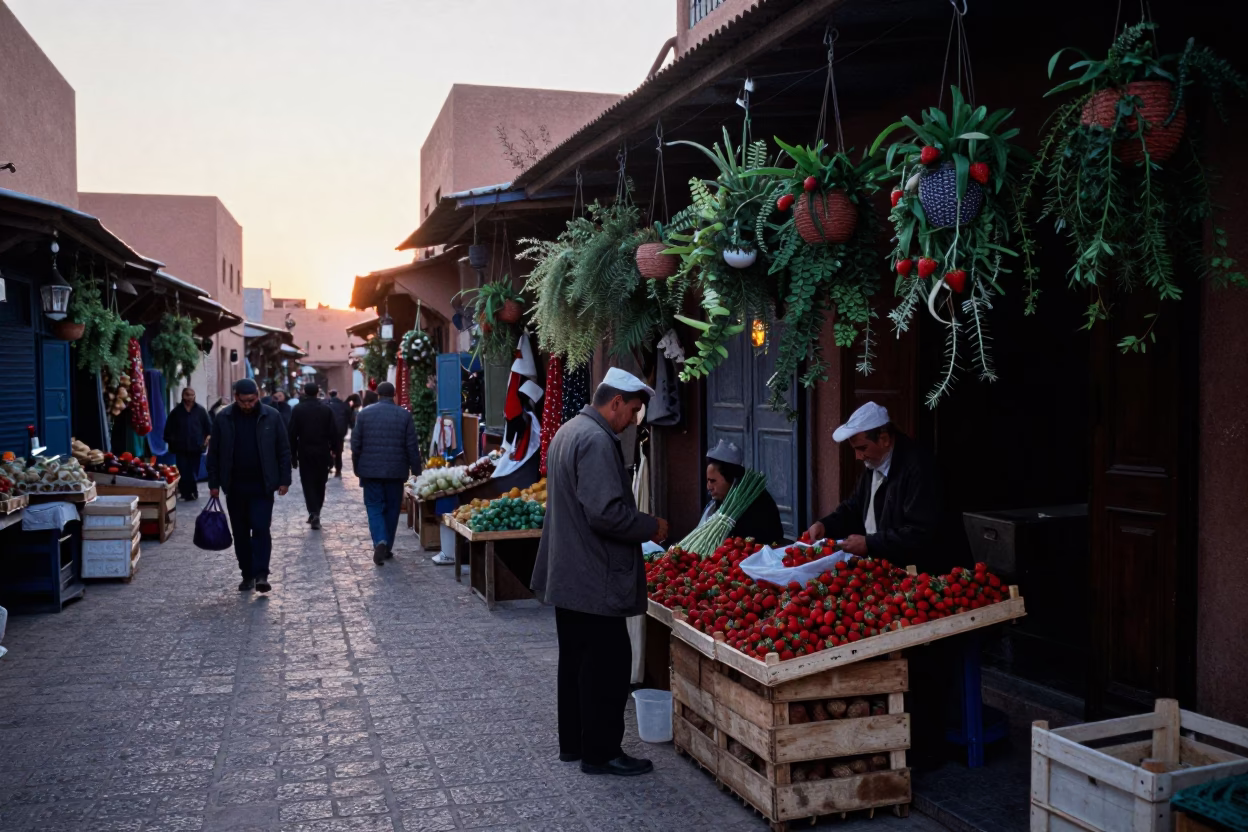 Early Morning Marrakech Souk Street Scene with Hanging Plants and Local Commerce in in Marrakech, Morocco
