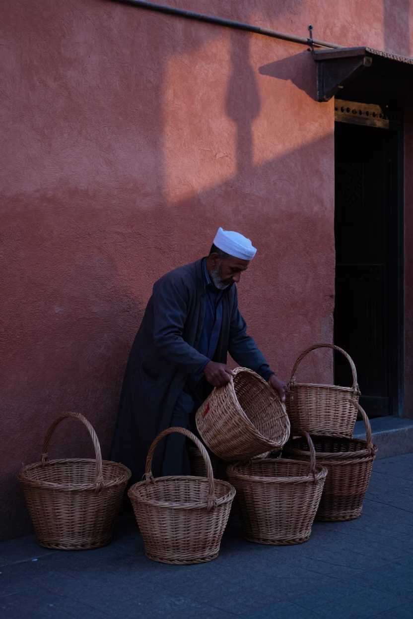 Early Morning Marrakech Souk Vendor Arranging Wicker Baskets Before Sunrise in in Marrakech, Morocco