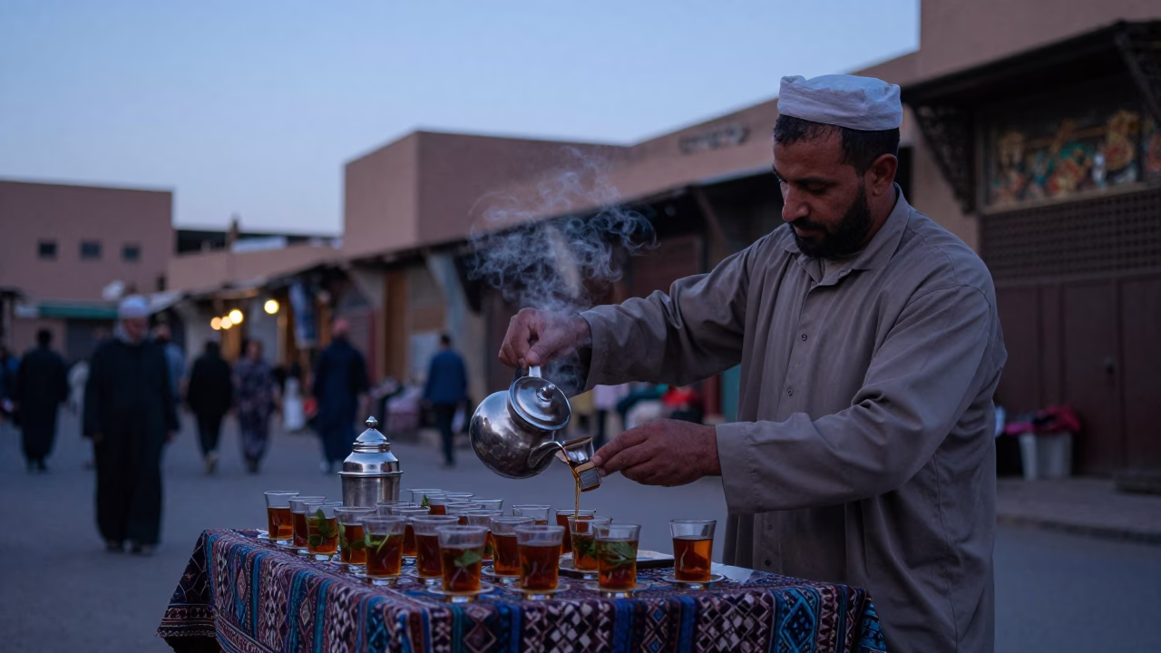 Early Morning Marrakech Souk Vendor Preparing Traditional Tea with Terracotta Pot and Embroidered Cushions in in Marrakech, Morocco