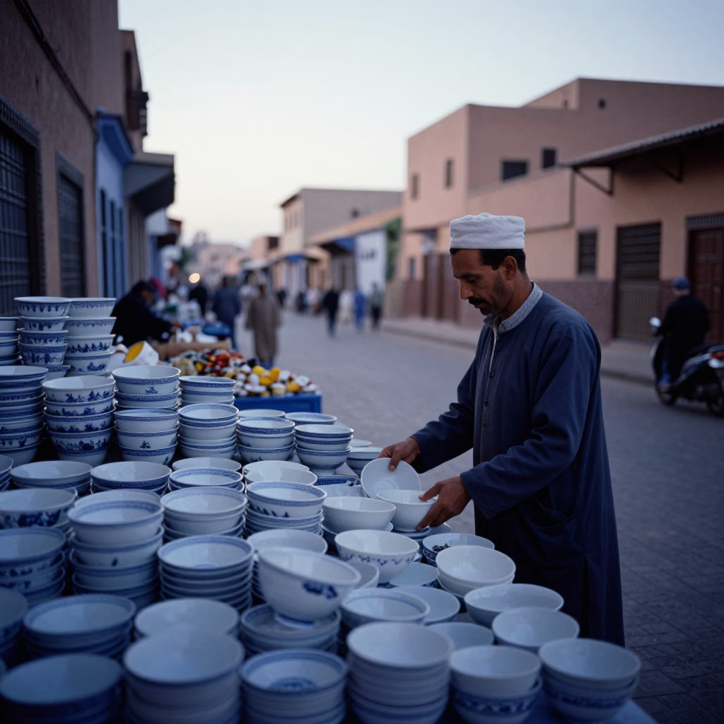 Early Morning Marrakech Street Scene with Blue and White Porcelain Bowl and Scrap Basket in in Marrakech, Morocco
