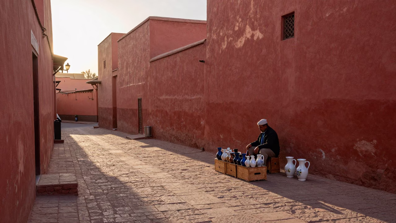 Early Morning Marrakech Street Scene with Ceramic Pitcher and Iron Hook in Historic Medina in in Marrakech, Morocco