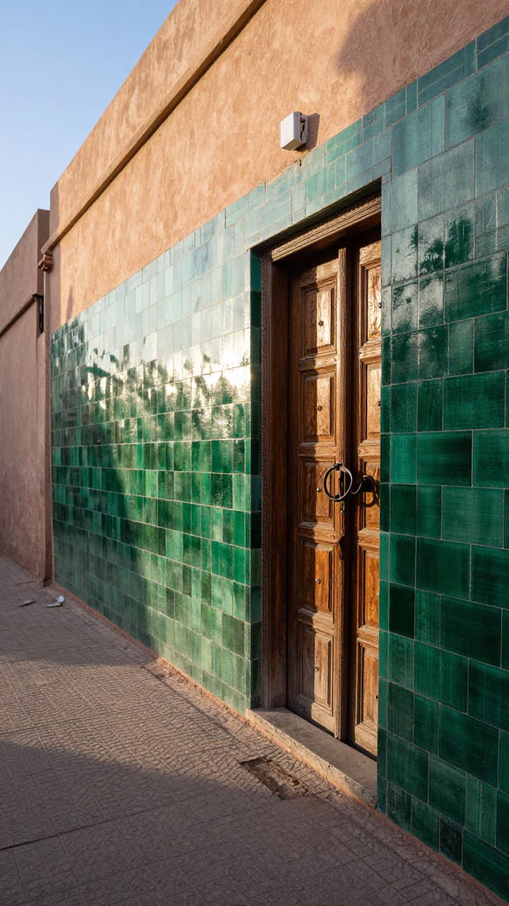 Early Morning Marrakech Street Scene with Ceramic Tiles and Wooden Gate Handle in in Marrakech, Morocco