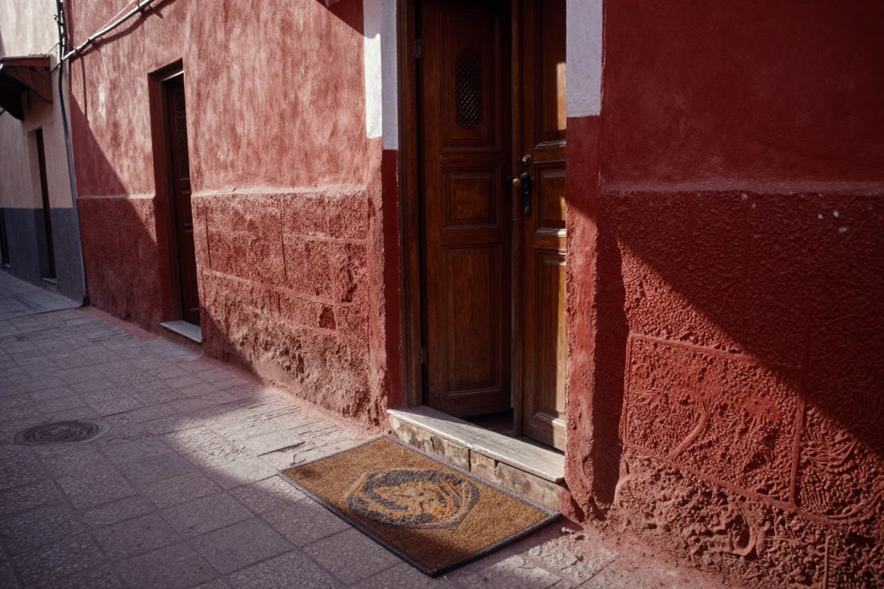 Early Morning Marrakech Street Scene with Doormat and Doorknob Details in in Marrakech, Morocco
