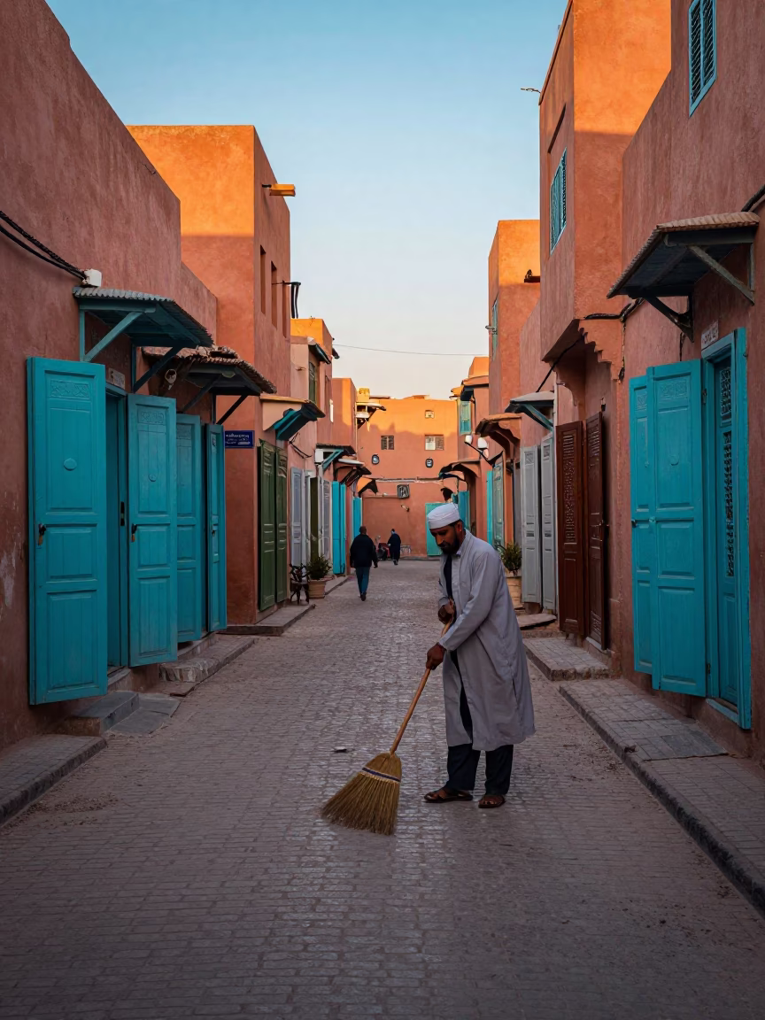 Early Morning Marrakech Street Scene with Hand Broom and Colorful Shop Facades Before Sunrise in in Marrakech, Morocco