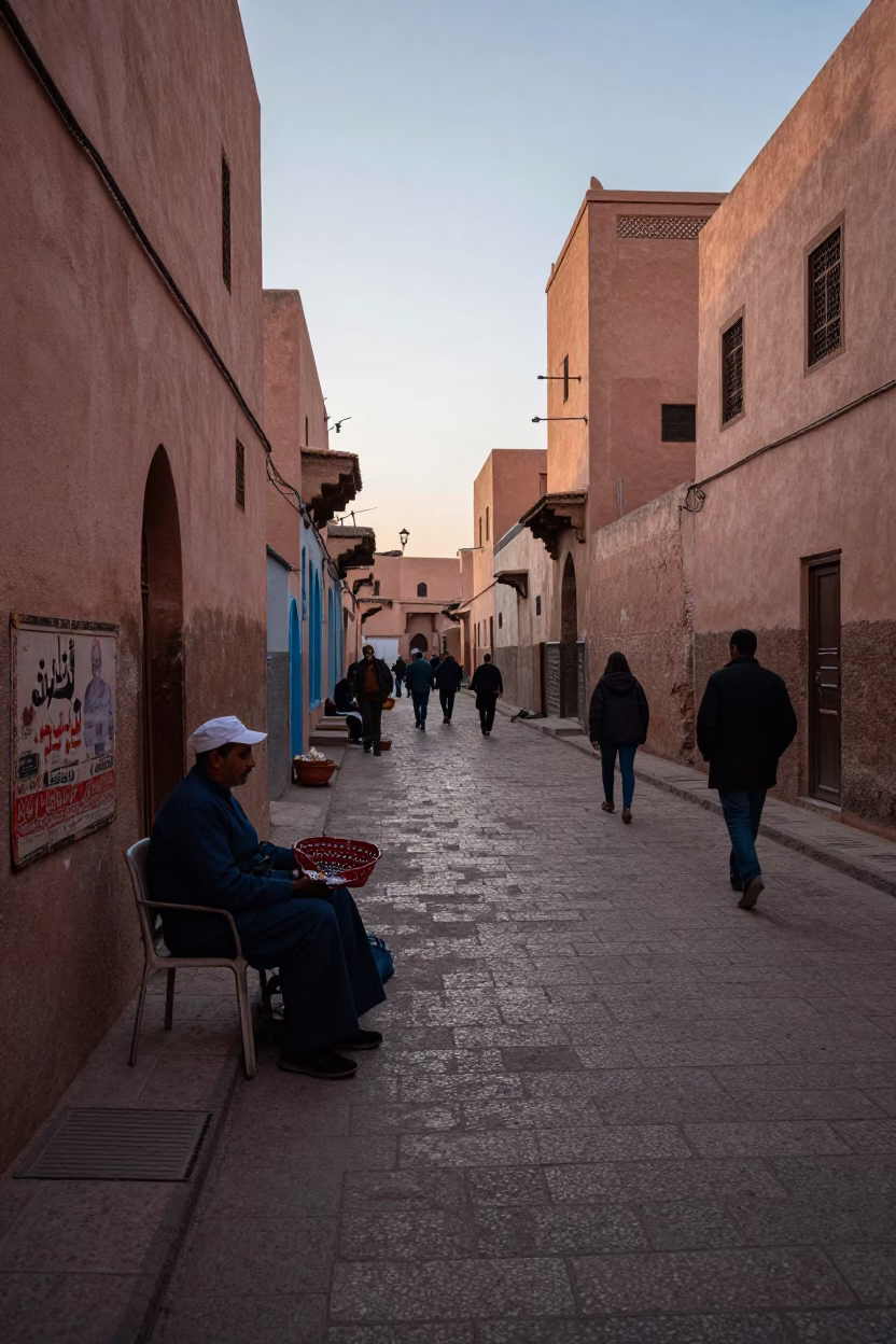 Early Morning Marrakech Street Scene with Local Vendor and Traditional Market Activity in in Marrakech, Morocco