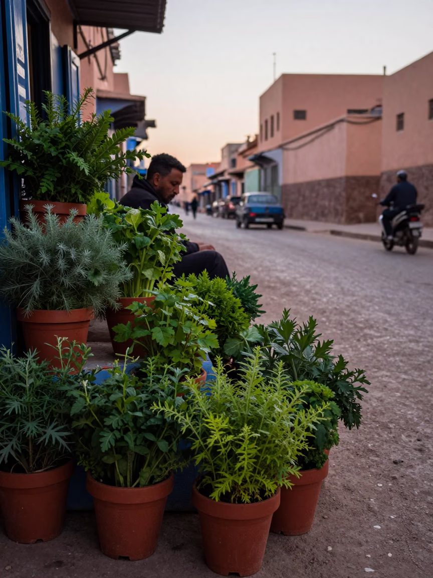 Early Morning Marrakech Street Scene with Potted Herbs and Pedestrian Overpass in in Marrakech, Morocco