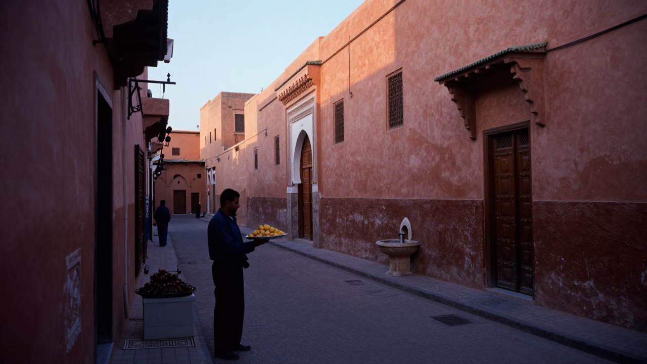 Early Morning Marrakech Street Scene with Tray of Glistening Baklava Near Historic Medina Walls in in Marrakech, Morocco