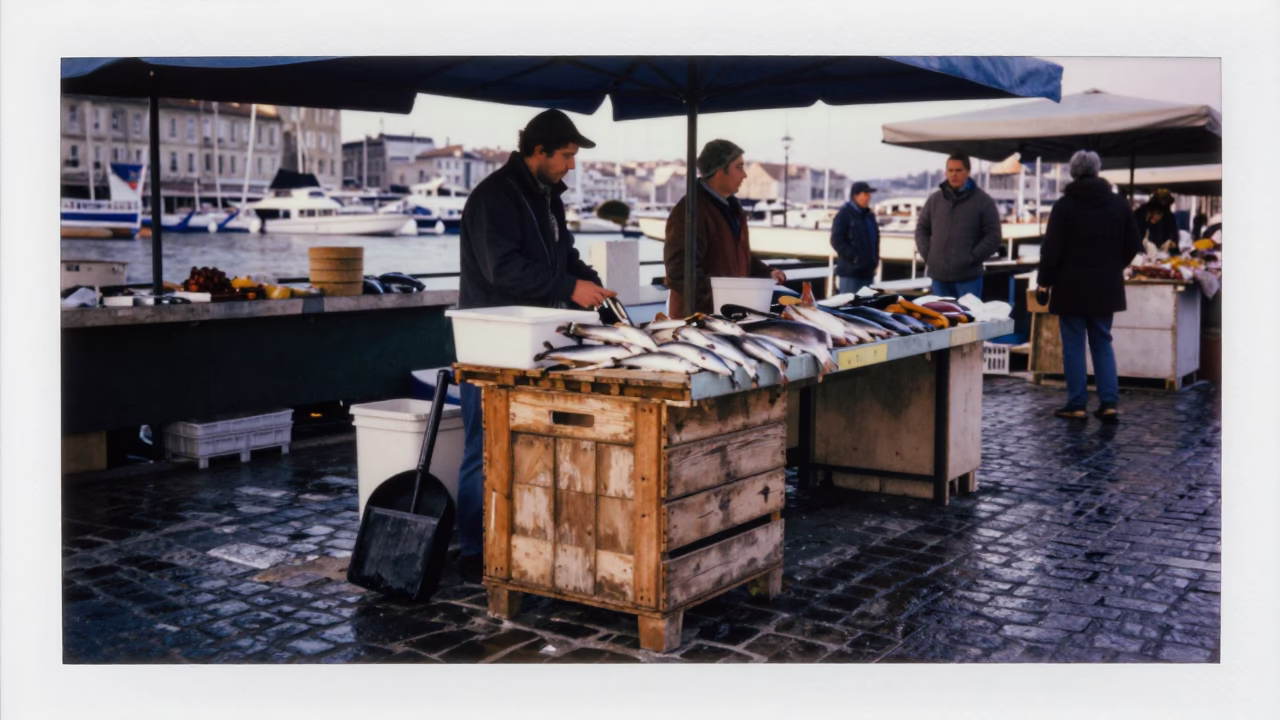 Early Morning Marseille Fish Market Stall with Coal Scuttle and Ledger at Dawn in in Marseille, France