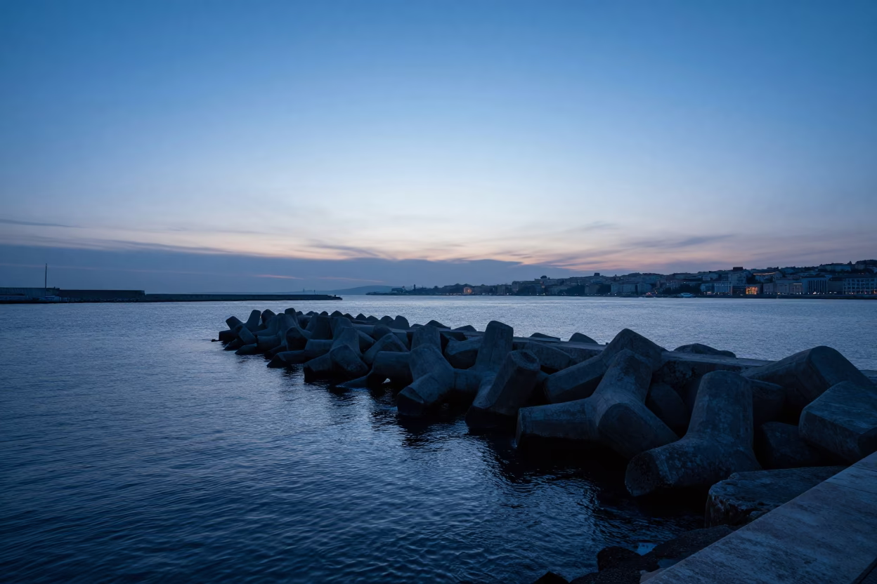 Early Morning Marseille Harbor Blue Hour Sky and Breakwater Before Sunrise in in Marseille, France