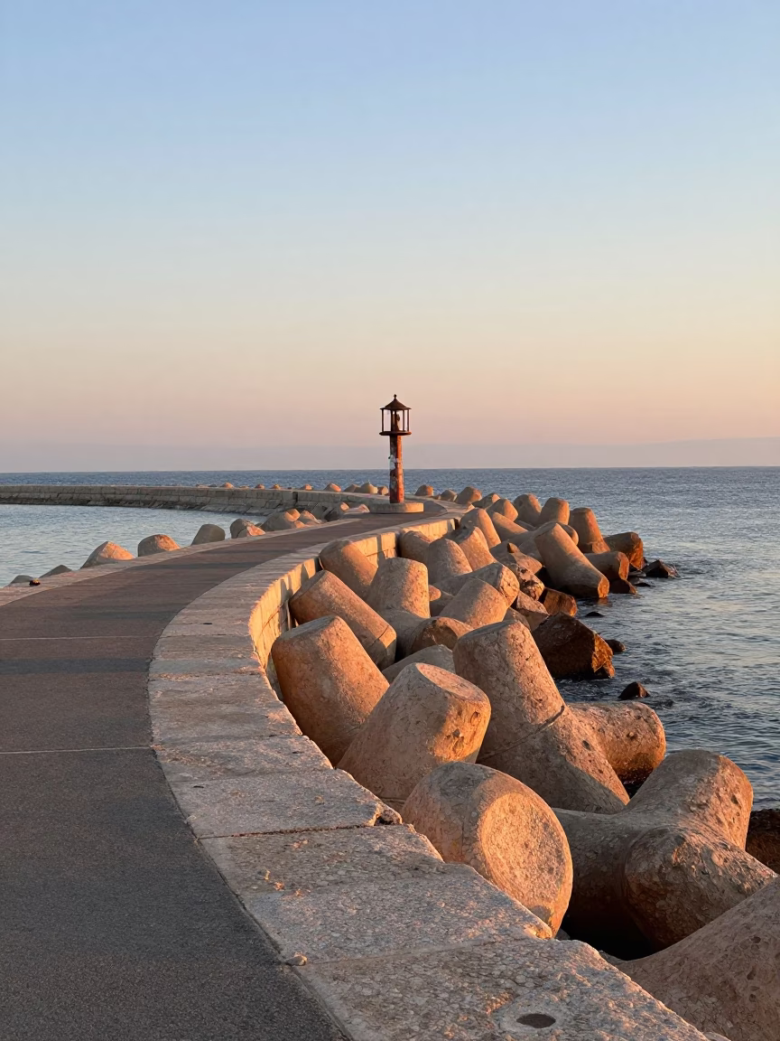 Early Morning Marseille Harbor Breakwater Curve Leading Toward Lonely Beacon in in Marseille, France