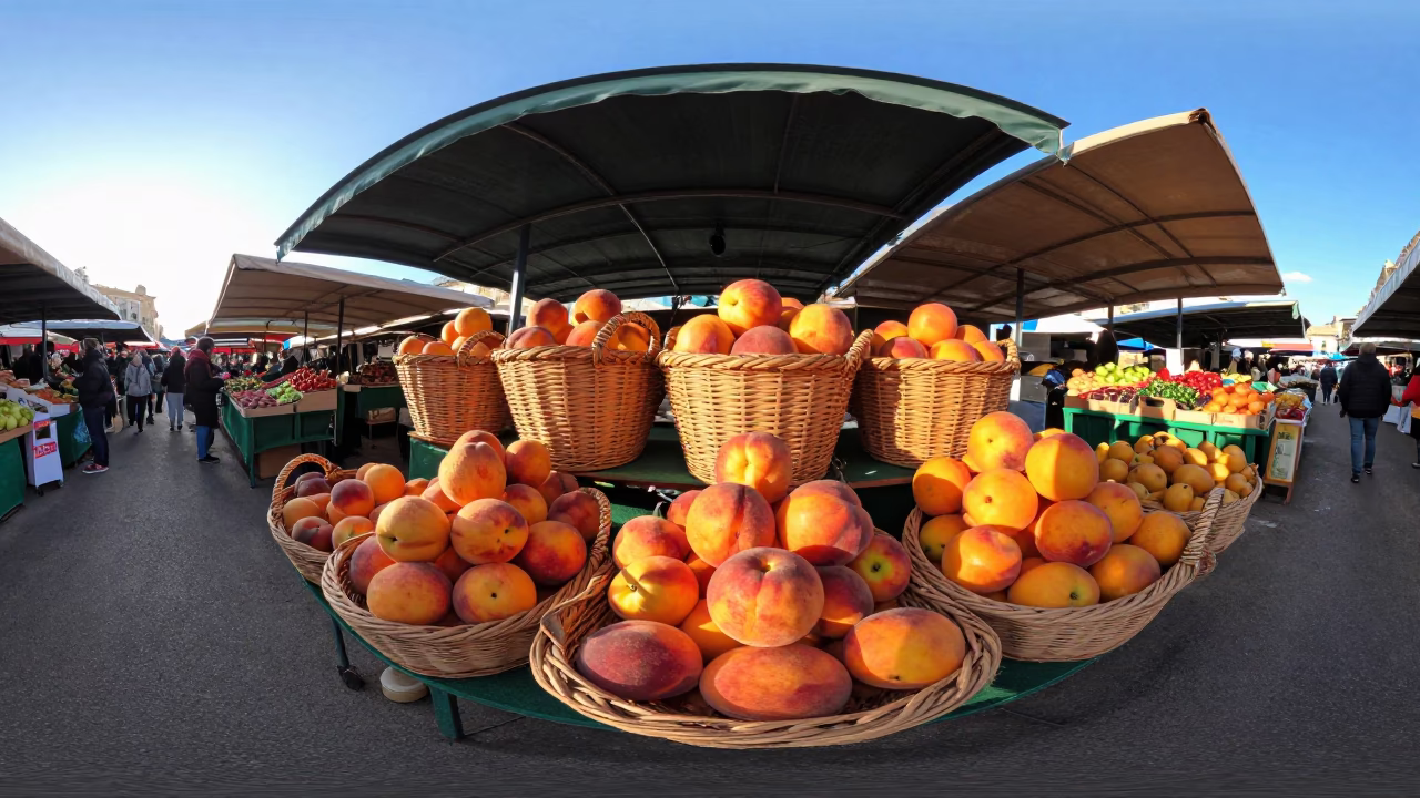 Early Morning Marseille Market Stall with Woven Baskets and Nectarines in in Marseille, France