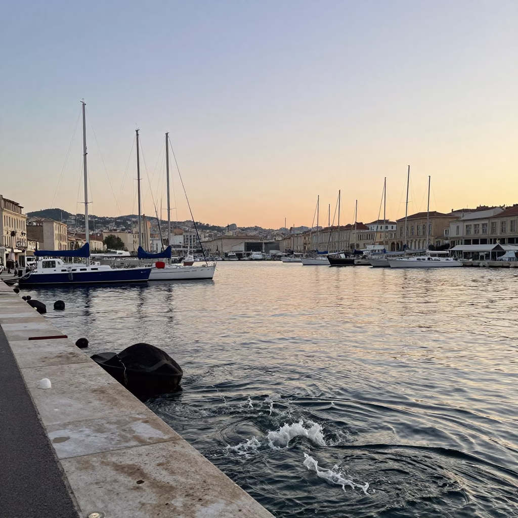 Early Morning Marseille Port Scene with Bridge Pier Cutwater Splitting Flood-Brown Current in in Marseille, France